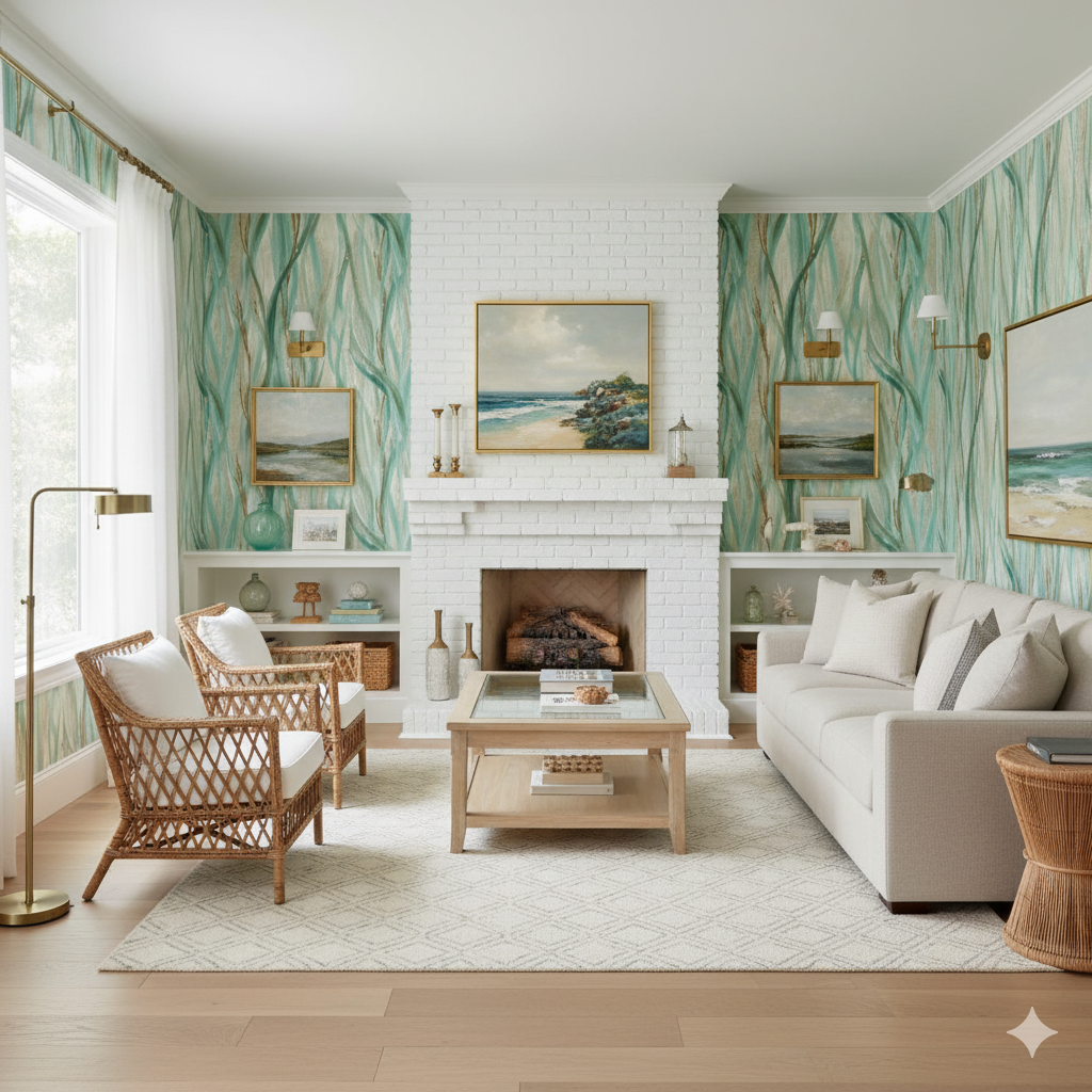 Tidegrass wallpaper with a light-green reed pattern, covering a living room wall.