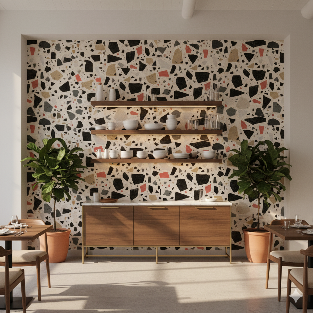 Red Rock Terrazzo Wallpaper with geometric pattern on a light background.
