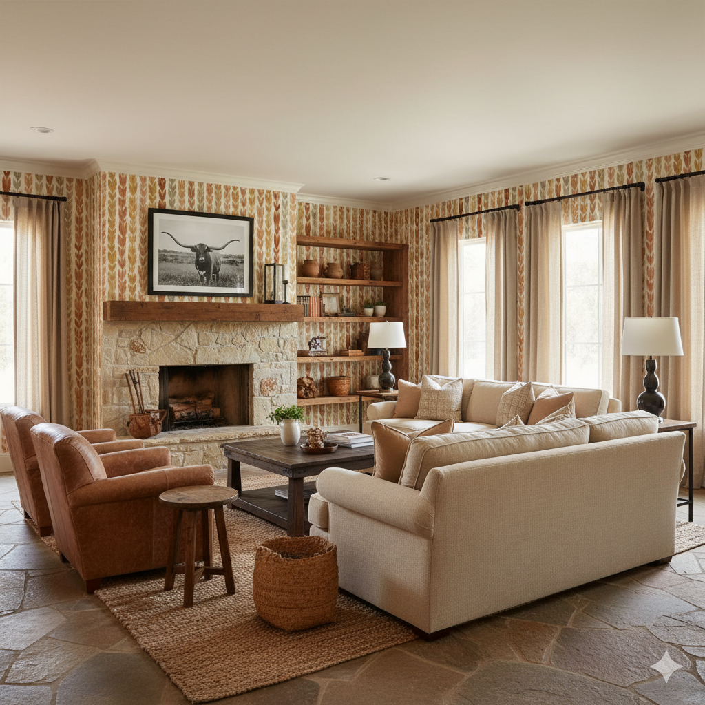 Autumn Plait wallpaper with earth tone pattern, covering the walls of a traditionally decorated living room.
