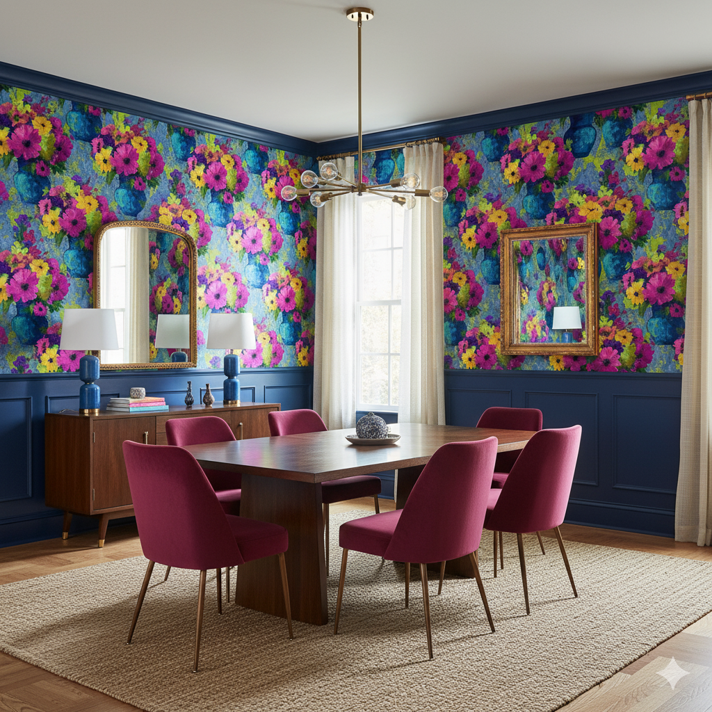 Floral print wallpaper with blue accents, displaying a bright, colorful pattern.
