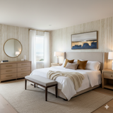 Golden Horizon Wallpaper with vertical gold stripe design on a beige background.
