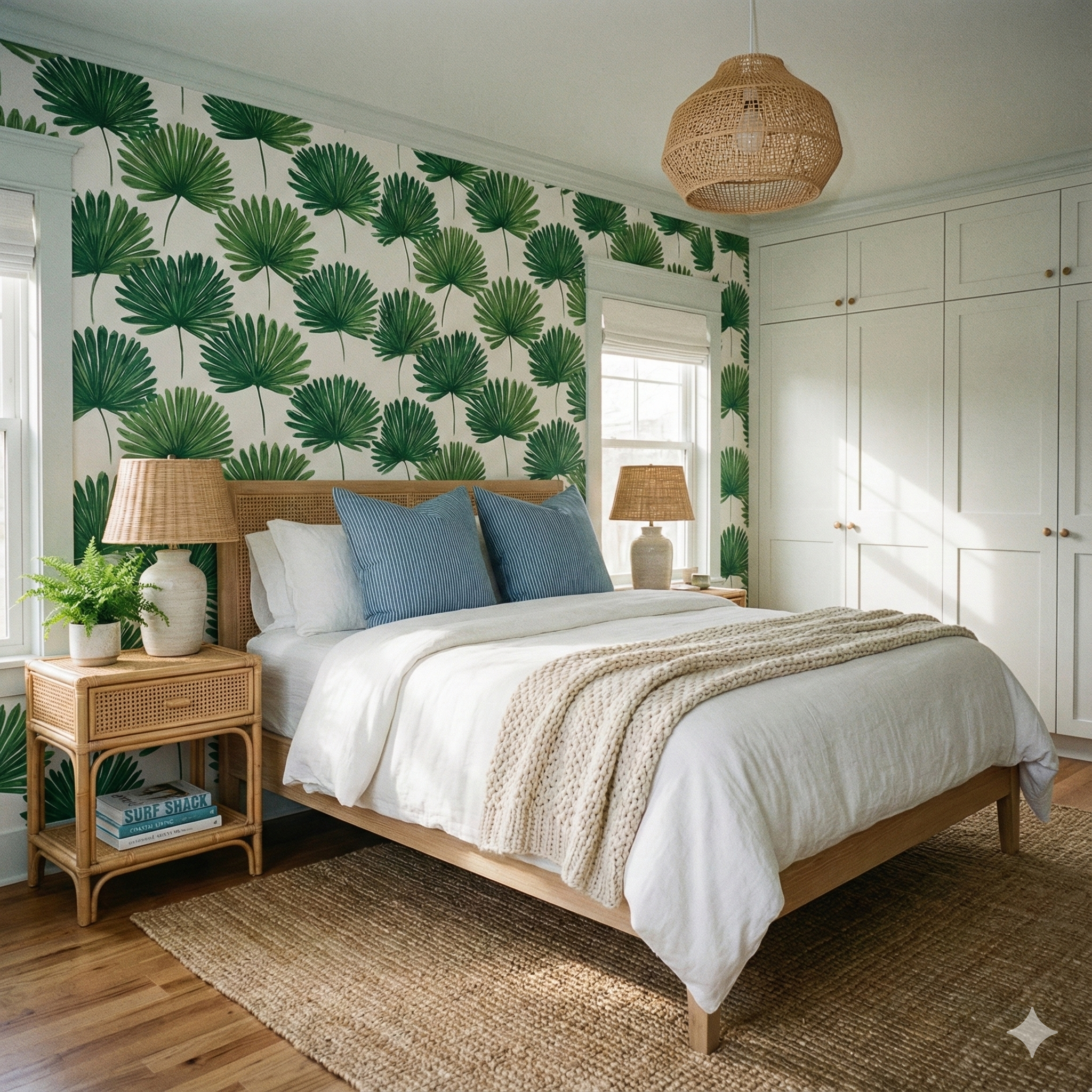 Green fanleaf wallpaper with white background, no brand attribution, botanical pattern on the bedroom walls.