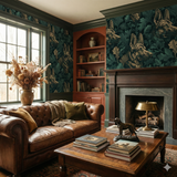 Sylvan Guardian Wallpaper with dog and foliage pattern on an accent wall.