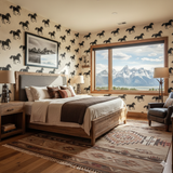 Black Mesa Run wallpaper featuring a horse pattern, on a bedroom wall, with a window view of snowy mountains.
