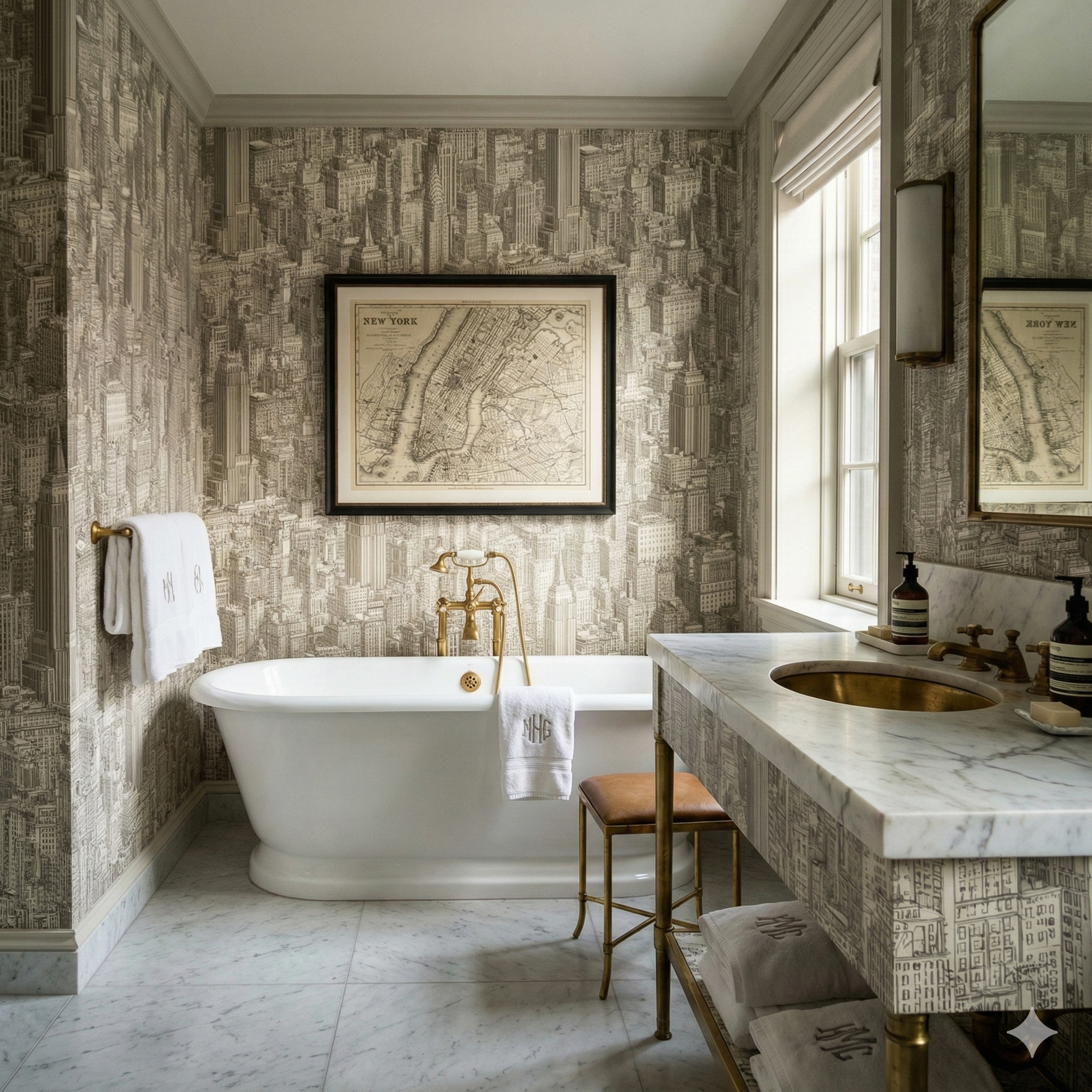 Manhasset Cartography Wallpaper with a building pattern, covering walls and the vanity cabinet.