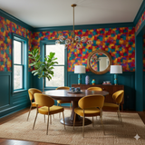Colorful mosaic wallpaper with square pattern on teal walls, shown in a dining room setting.