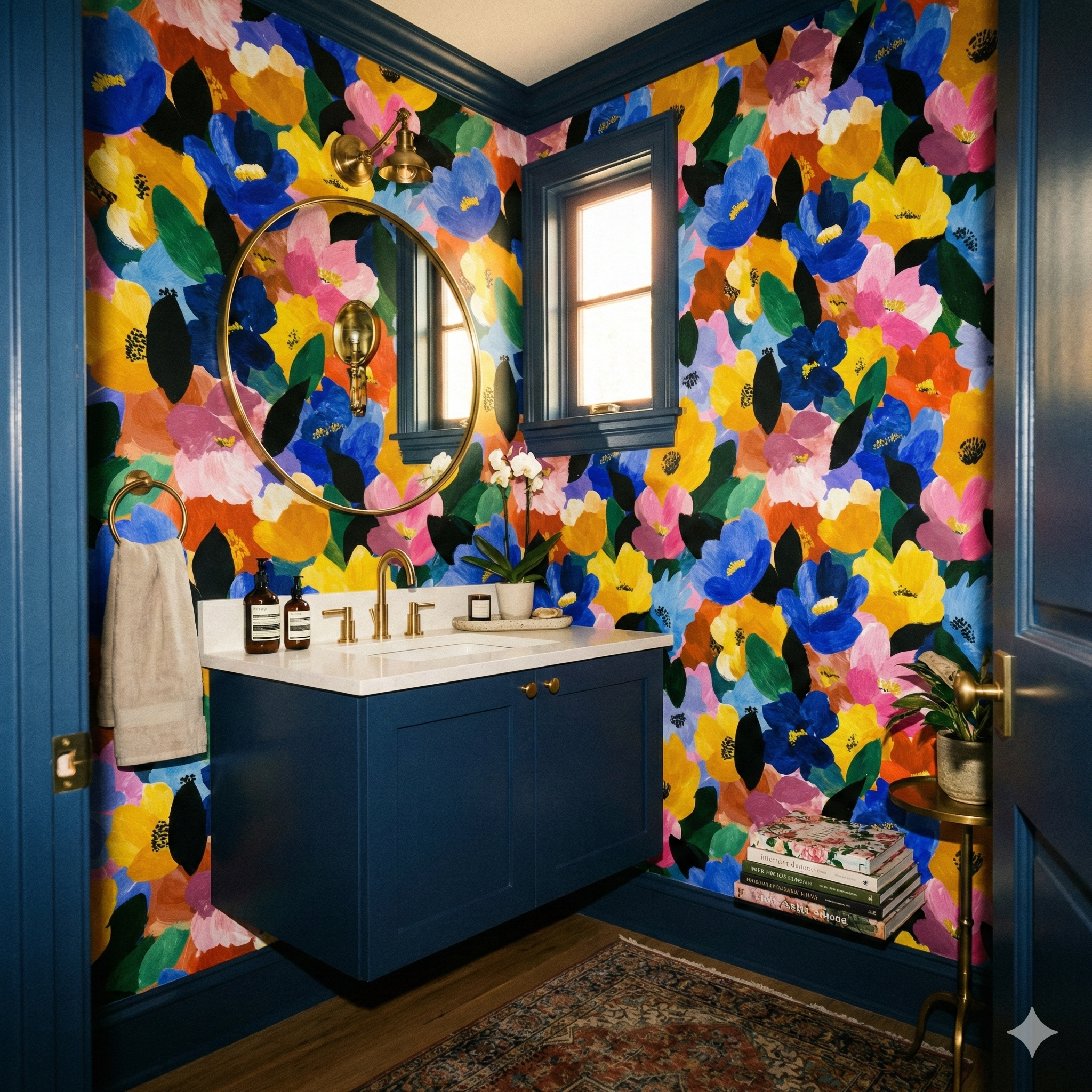 Floral wallpaper with yellow, blue, and pink flowers and green leaves.