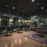 Green floral and panther patterned wallpaper by unknown vendor covering a barber shop.
