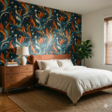 Abstract wallpaper by Drift, displayed on a bedroom wall with a blue, orange, and white pattern.
