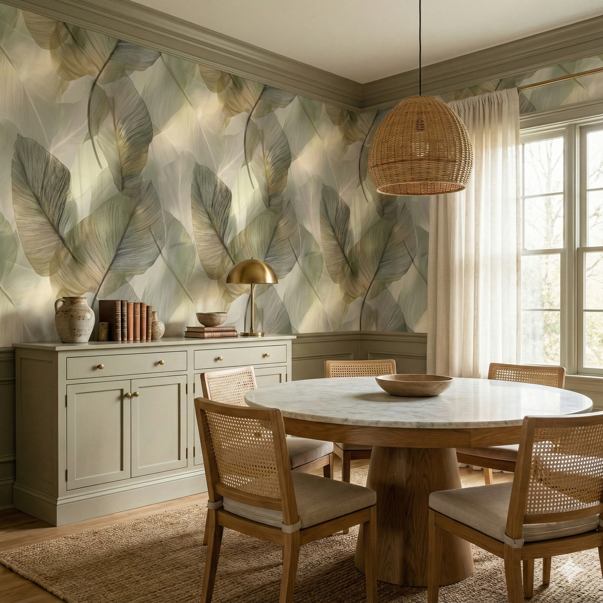 Leaf-patterned wallpaper with green and gray hues, featuring a botanical-inspired design.