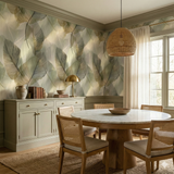 Leaf-patterned wallpaper with green and gray hues, featuring a botanical-inspired design.