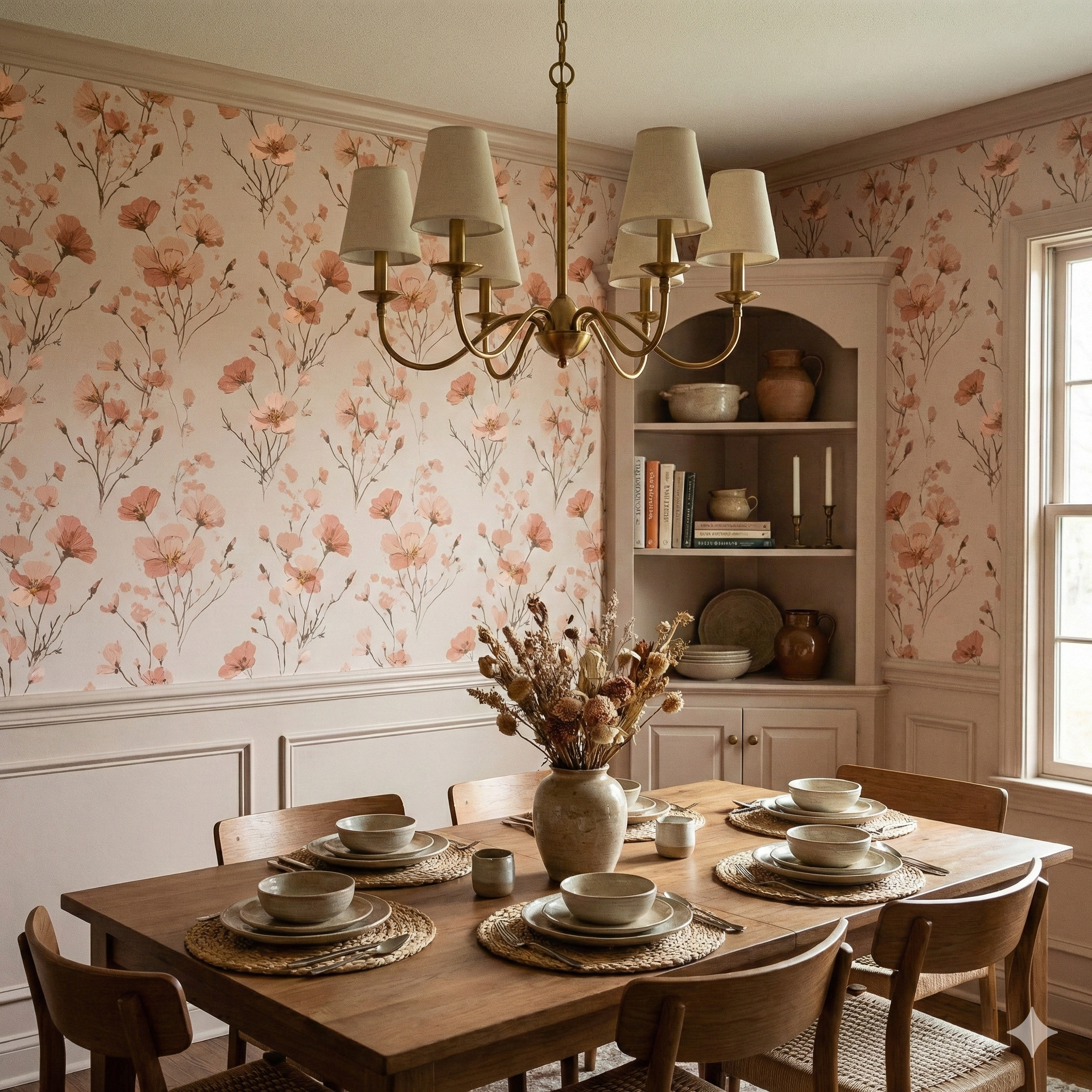 Floral Arroyo Bloom Wallpaper with blush flowers on a light background.
