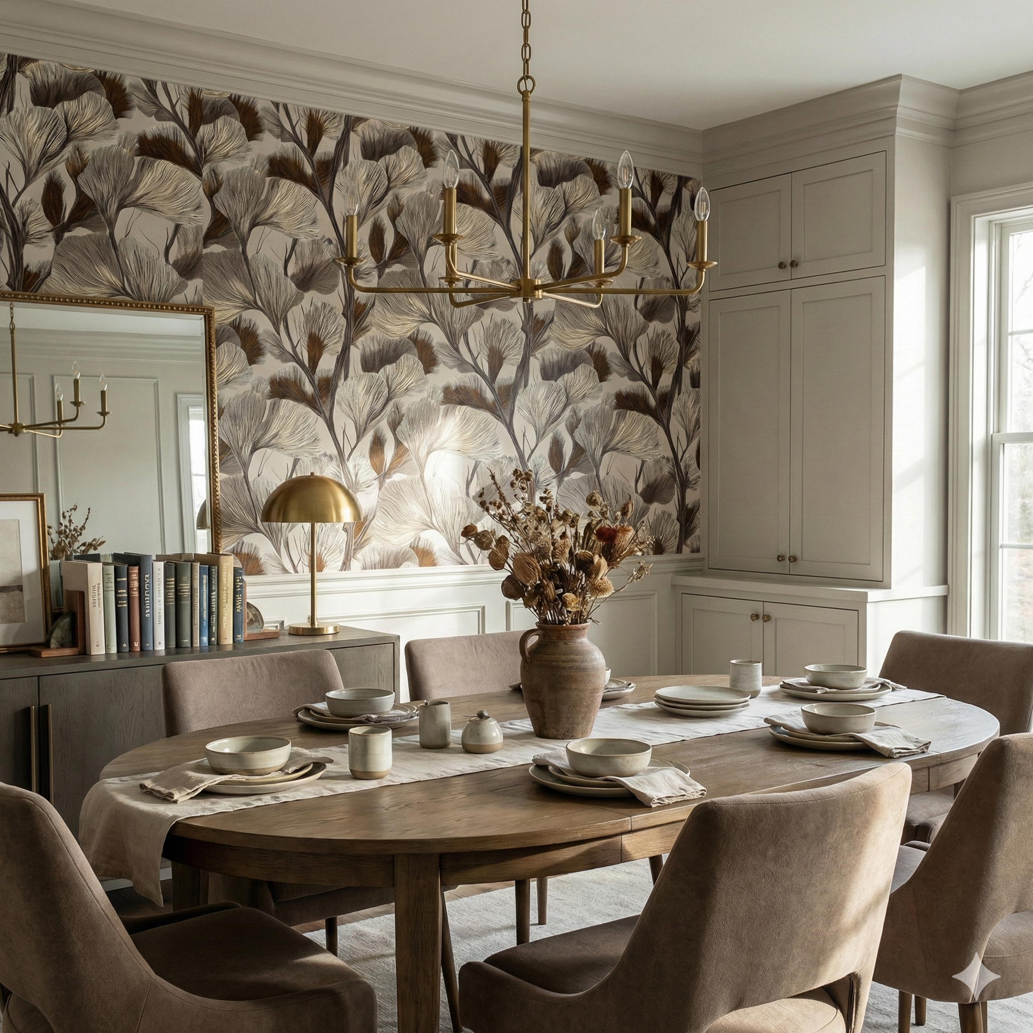 Thicket Vein Wallpaper with tree pattern on the dining room wall.
