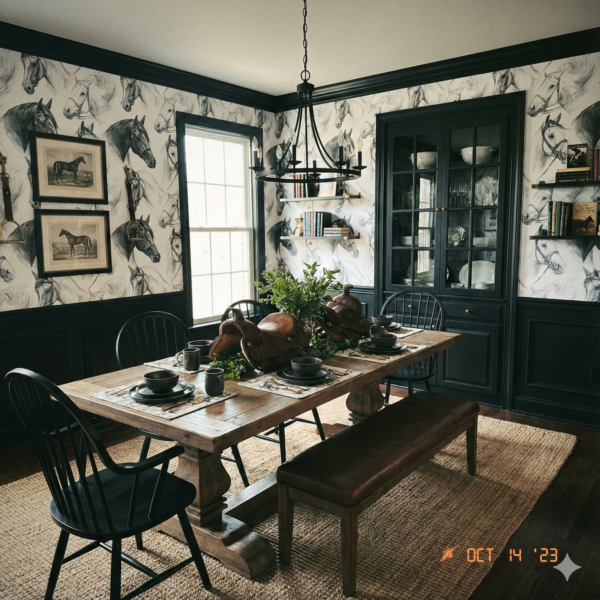 Bridlecrest Study Wallpaper featuring a white horse sketch pattern.