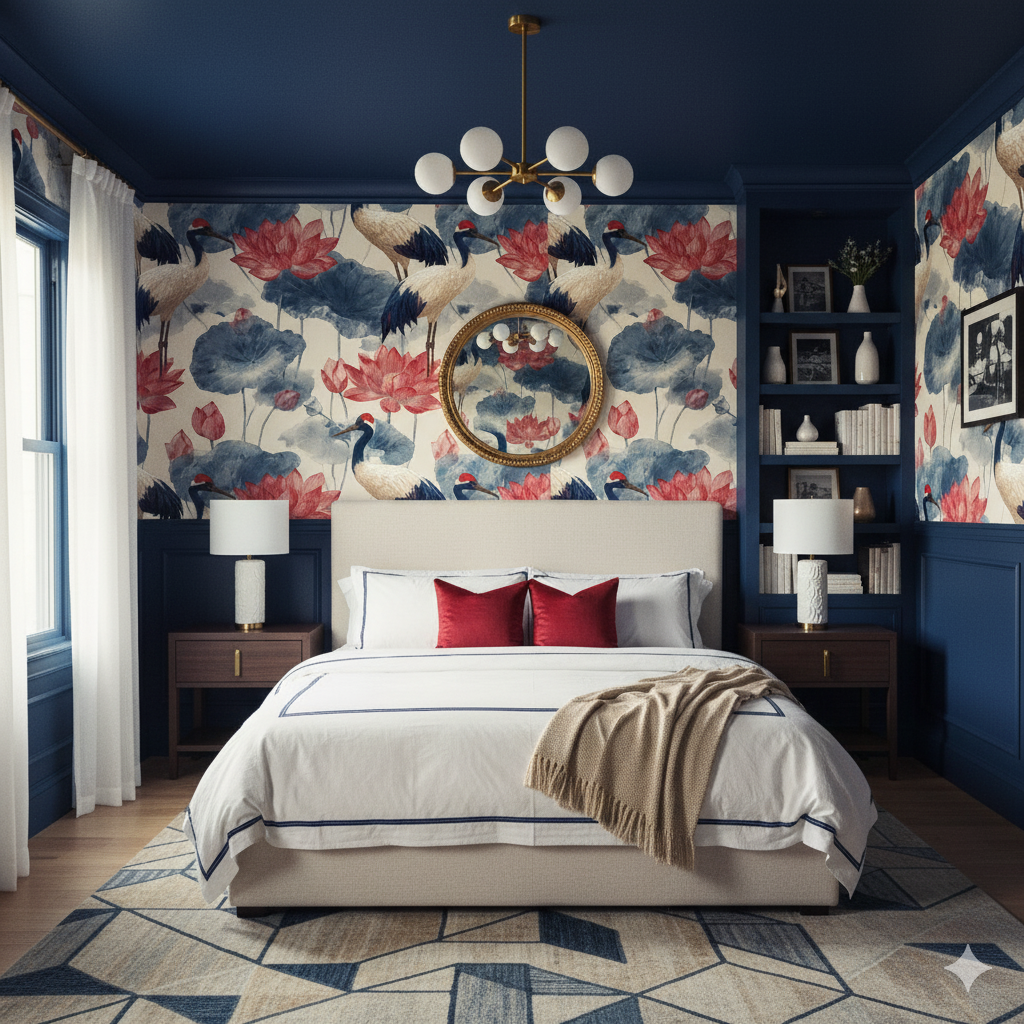 Red Lotus Court wallpaper with floral and crane design, covering an entire bedroom wall.
