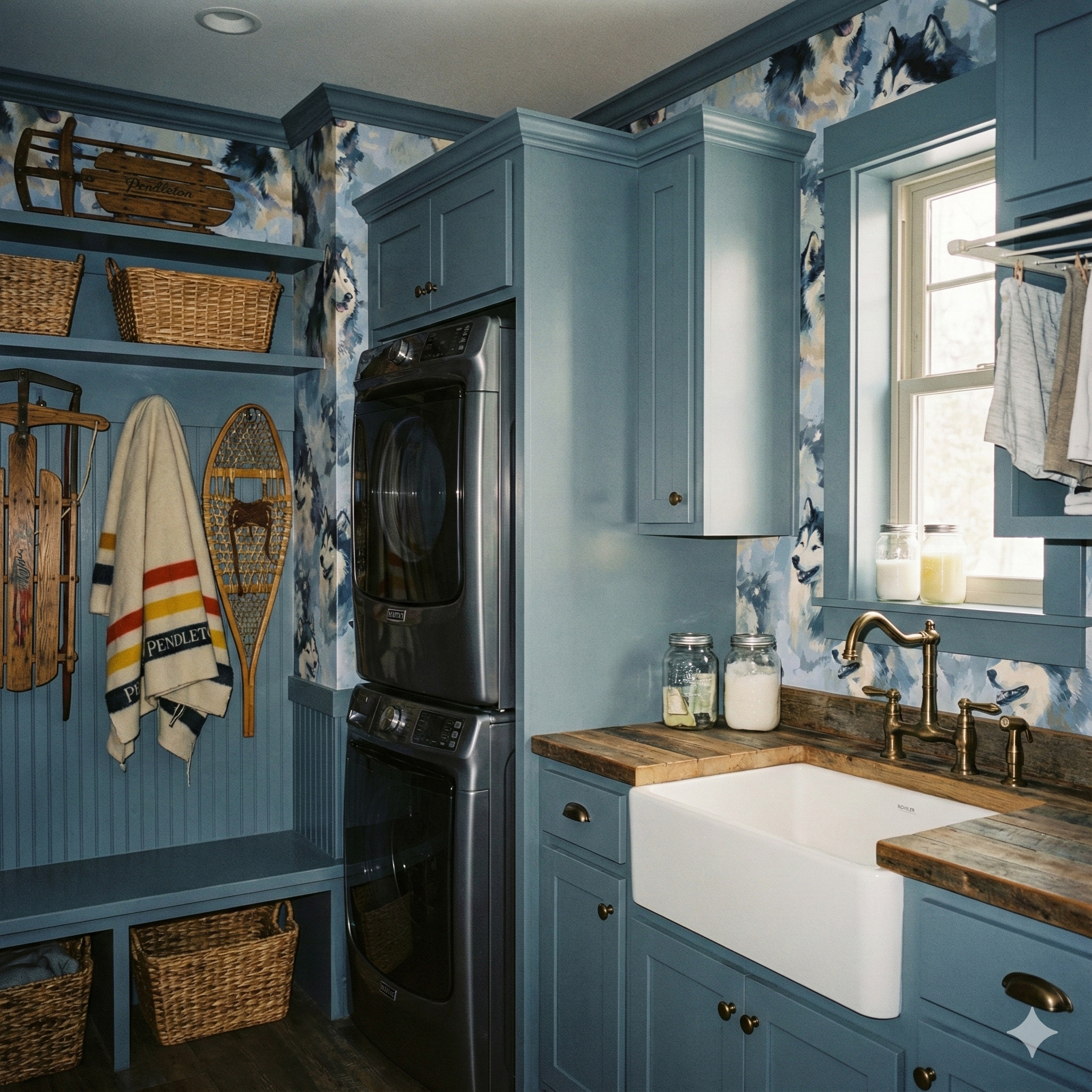 Blue wallpaper with Husky dog pattern, from Frostveil Summit, covering a laundry room wall.