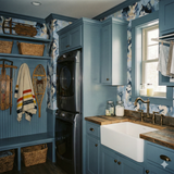 Blue wallpaper with Husky dog pattern, from Frostveil Summit, covering a laundry room wall.