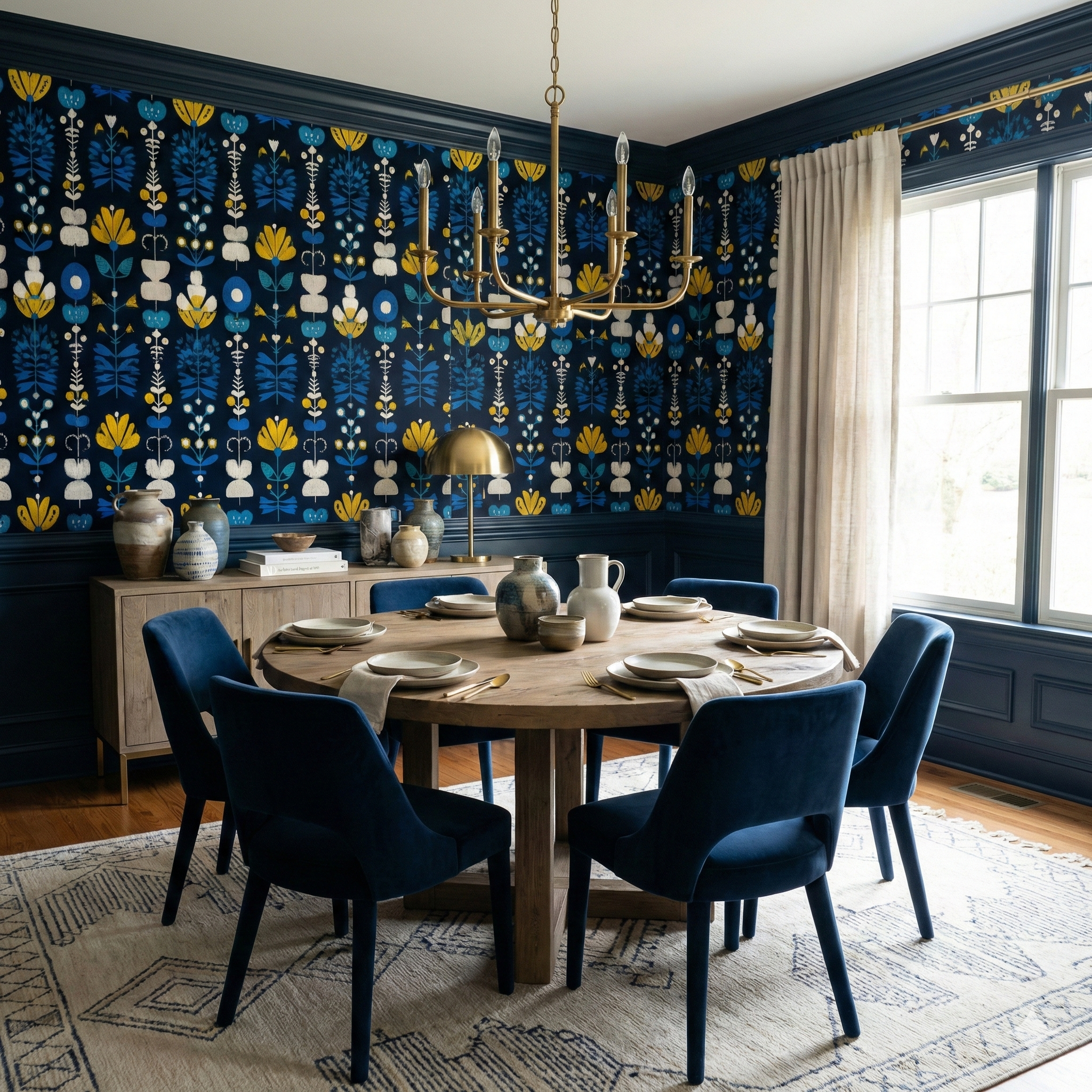 Marin Folk Wallpaper with a floral pattern, against a dark background.