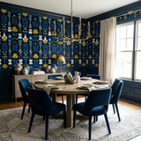 Marin Folk Wallpaper with a floral pattern, against a dark background.