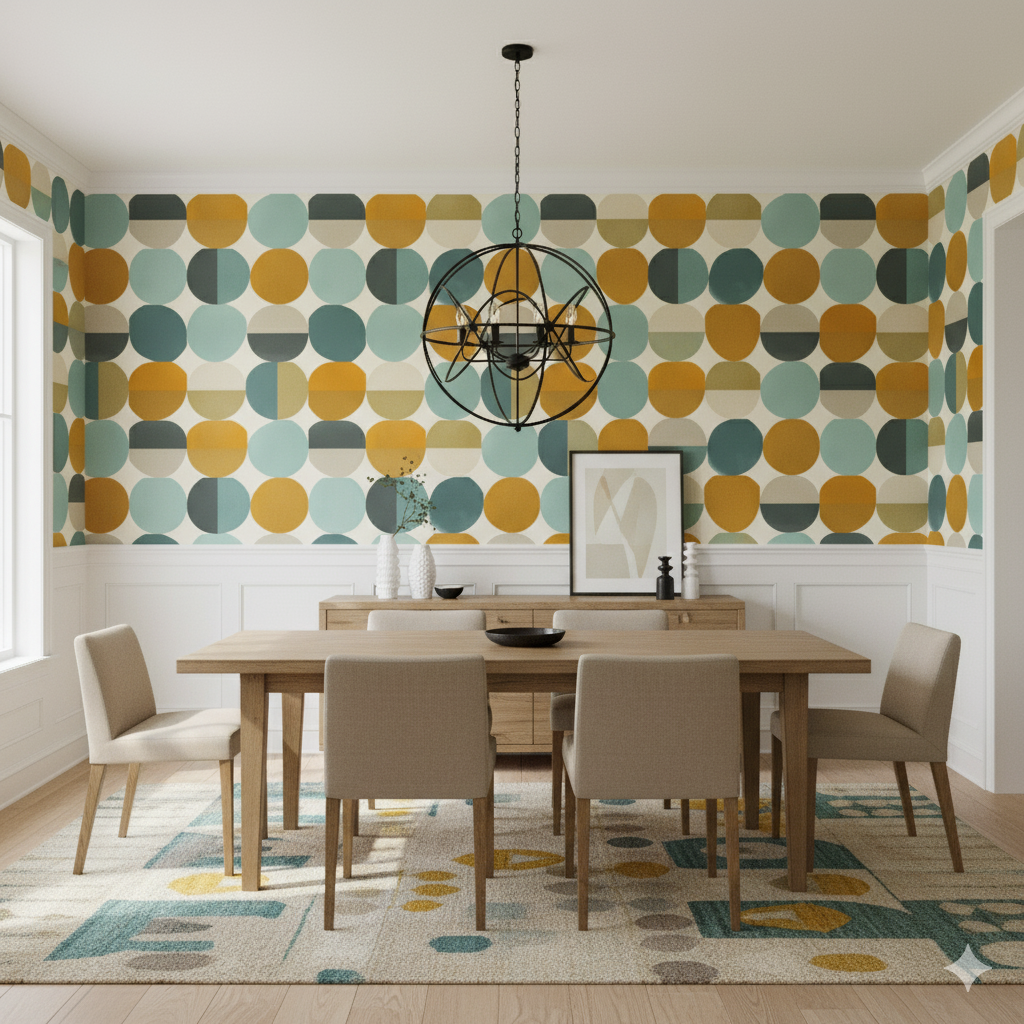 Solenne Wallpaper with a geometric circle pattern, against a white paneled dining room wall.
