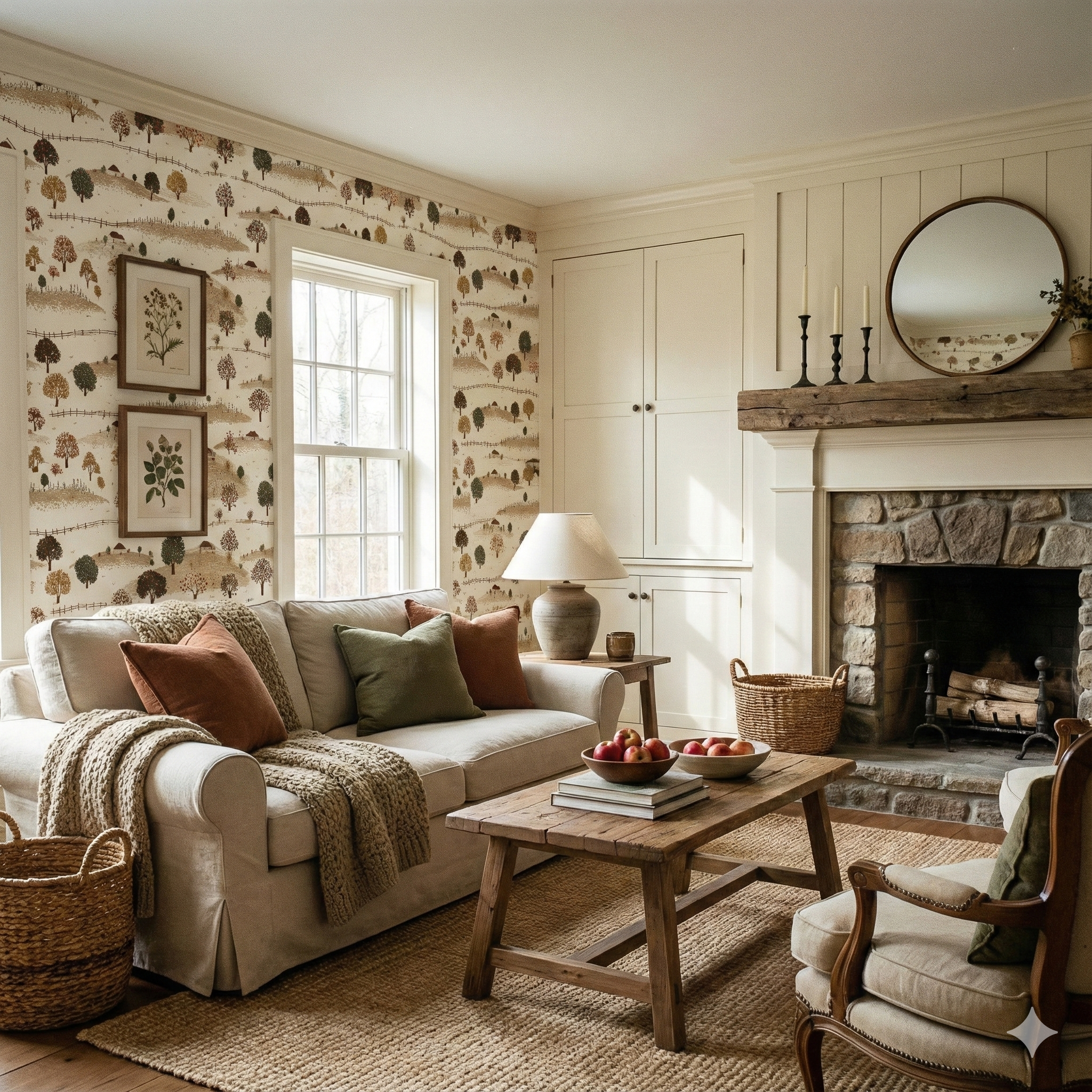 Applegate Acres wallpaper featuring a countryside scene by Brewster, adorning a living room wall with framed botanical prints.