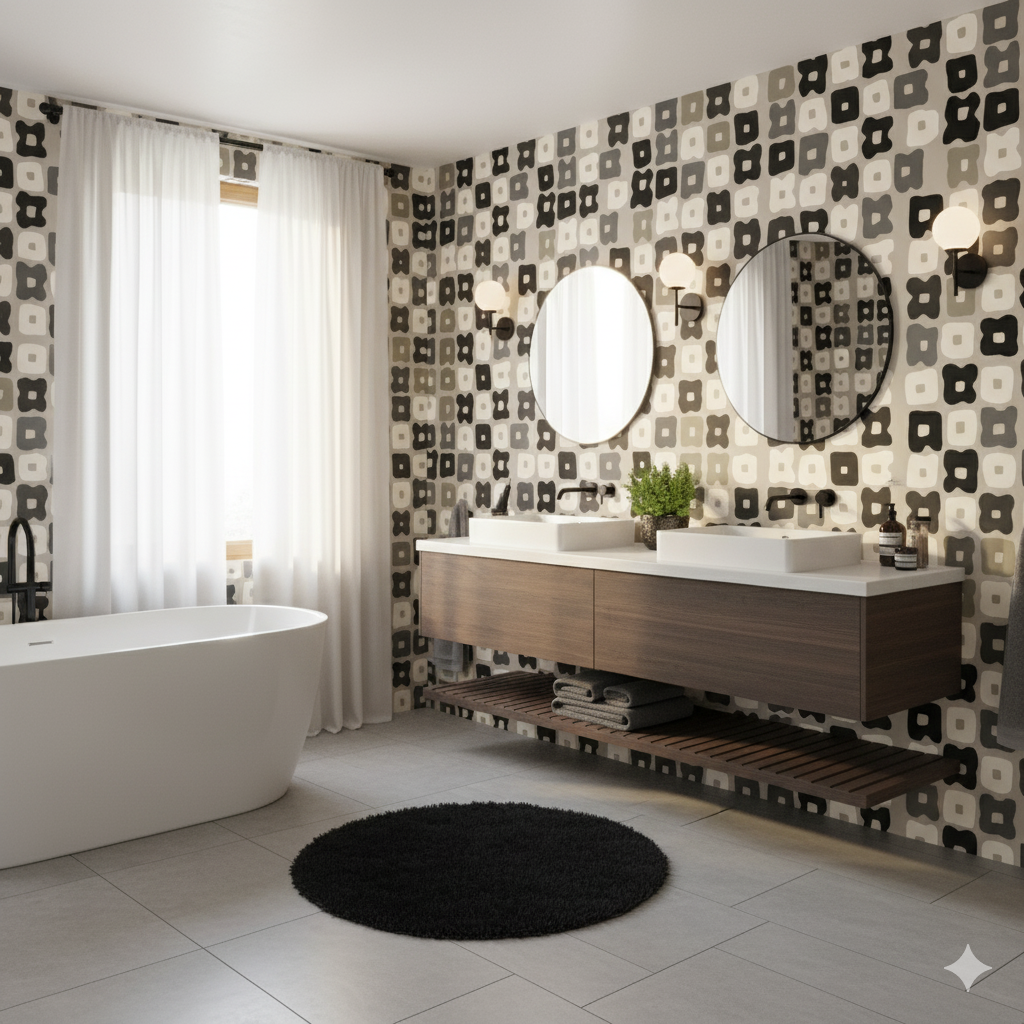 Retro patterned wallpaper from Wallshoppe featuring black, gray, and beige geometric floral designs in a modern bathroom setting.