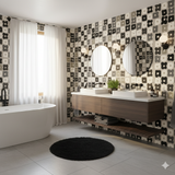 Retro patterned wallpaper from Wallshoppe featuring black, gray, and beige geometric floral designs in a modern bathroom setting.