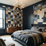 Abstract stone ledger wallpaper with block pattern in a bedroom.