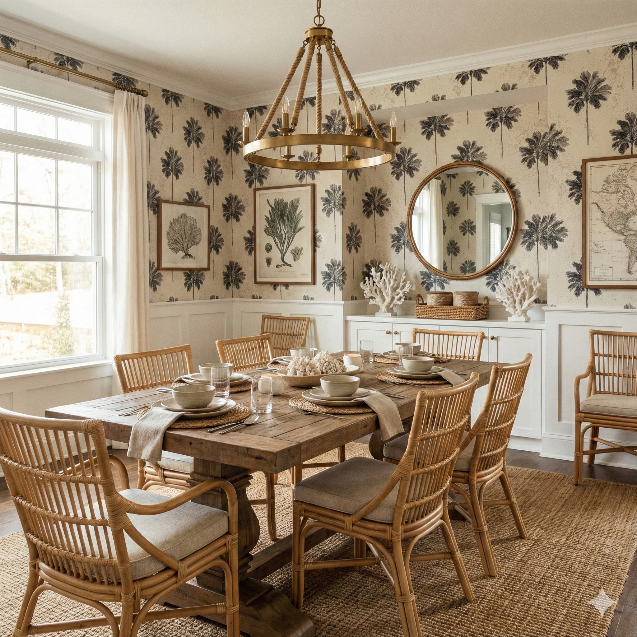 Palmera Brackenford wallpaper with blue tree pattern, covering the walls of a dining room.
