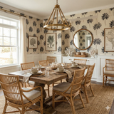 Palmera Brackenford wallpaper with blue tree pattern, covering the walls of a dining room.
