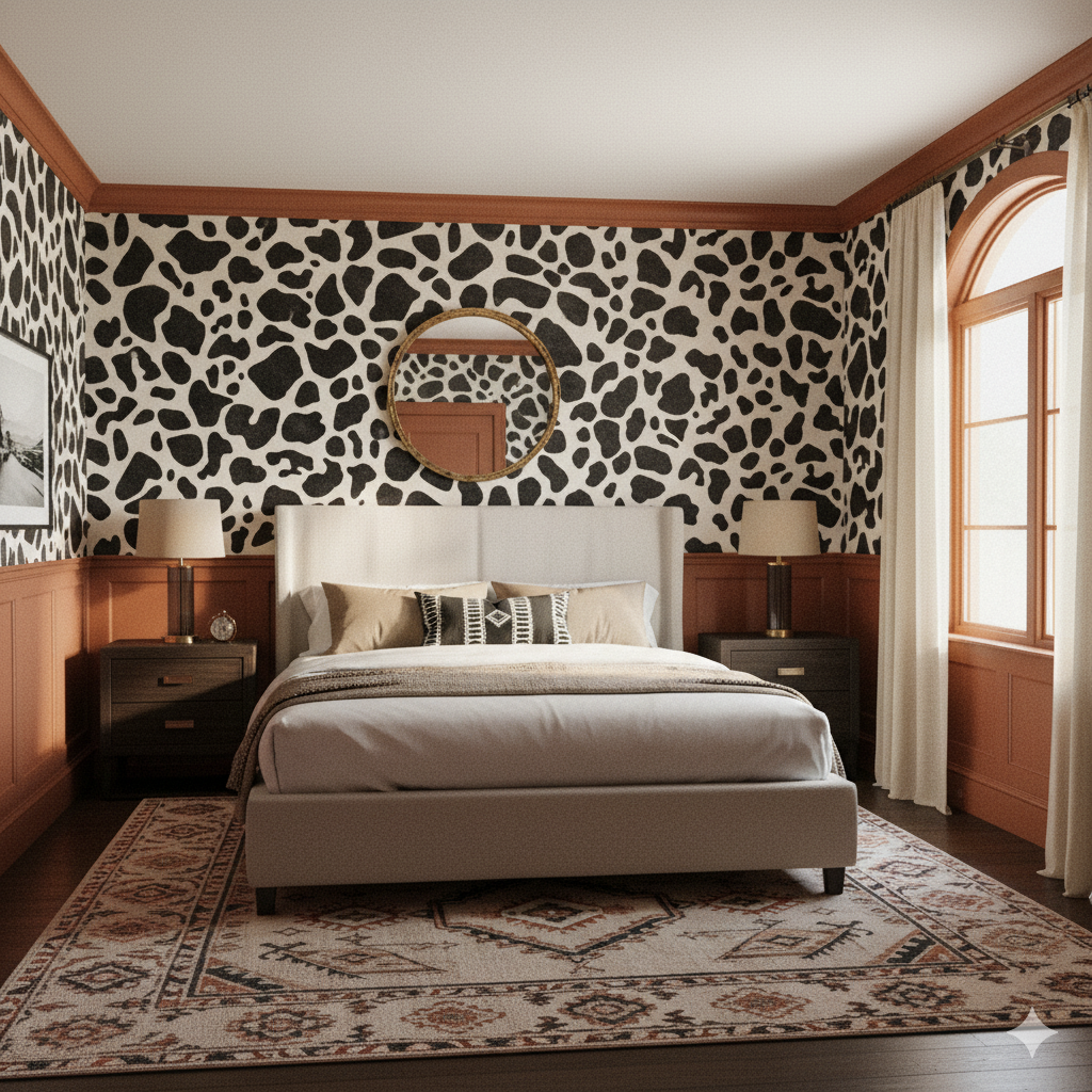 Freemont Hide Wallpaper with a spotted pattern on the bedroom wall.