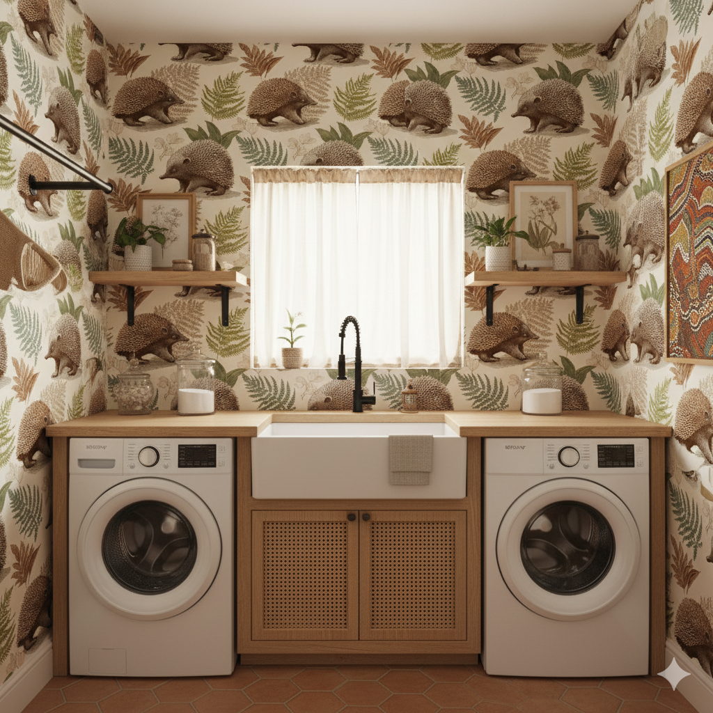 Bushland Quill Wallpaper with echidna and fern pattern, covering the walls of a laundry room.