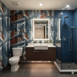 Urban Apparition Wallpaper with blue and orange abstract pattern on bathroom wall.
