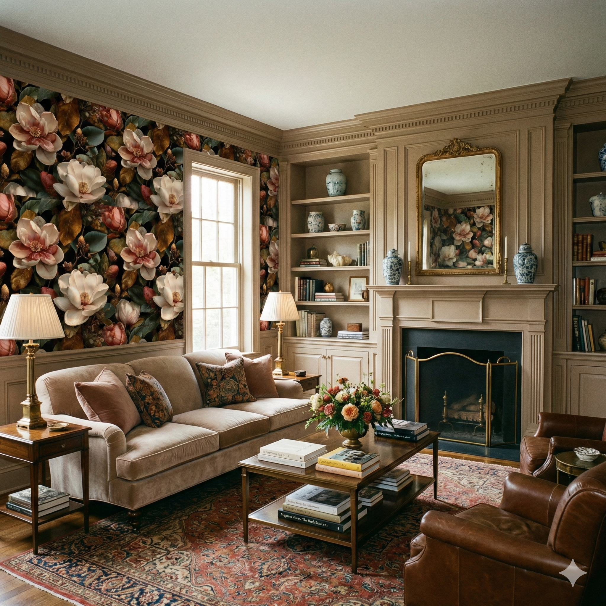 Heirloom Bloom wallpaper with floral pattern, visible in a traditional living room setting.
