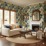 Bluebonnet Mesa Wallpaper with floral motif, cactus, and bluebonnet pattern.