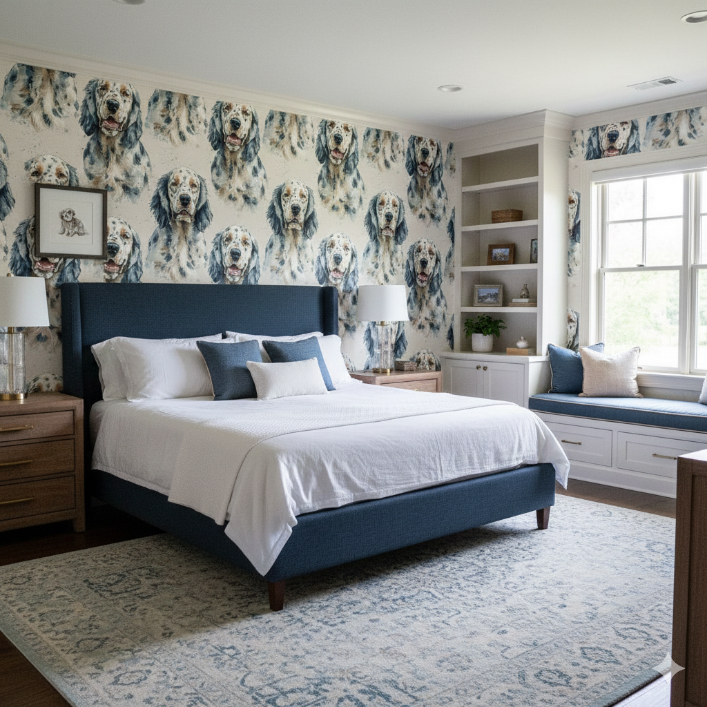 Mariner’s Field Wallpaper with dog pattern, covering bedroom walls and window trim.
