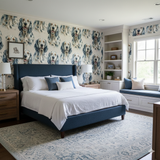 Mariner’s Field Wallpaper with dog pattern, covering bedroom walls and window trim.