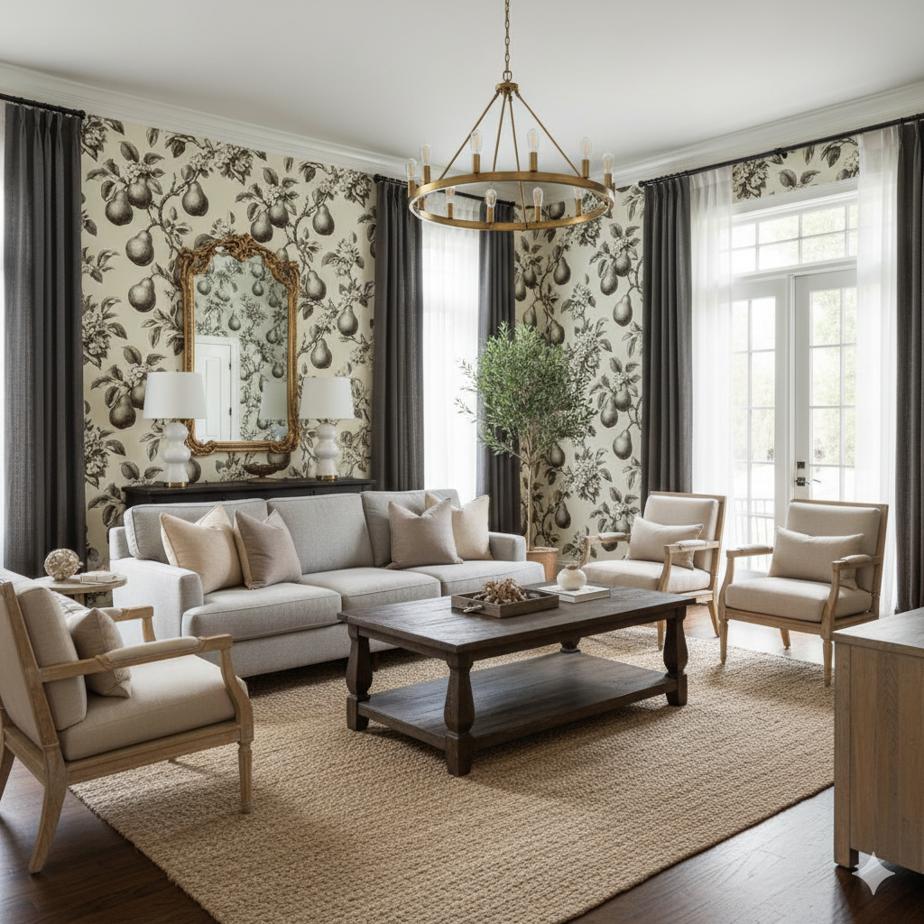 Pear and proper wallpaper with a fruit pattern, covering the walls in a living room setting.
