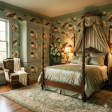 Patterned wallpaper with Pekingese dogs and floral accents.