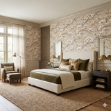 Floral Ivory Magnolia Wallpaper with beige background, styled in a traditional bedroom setting.