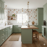 Mushroom-themed wallpaper with forest pattern, covering the kitchen walls.