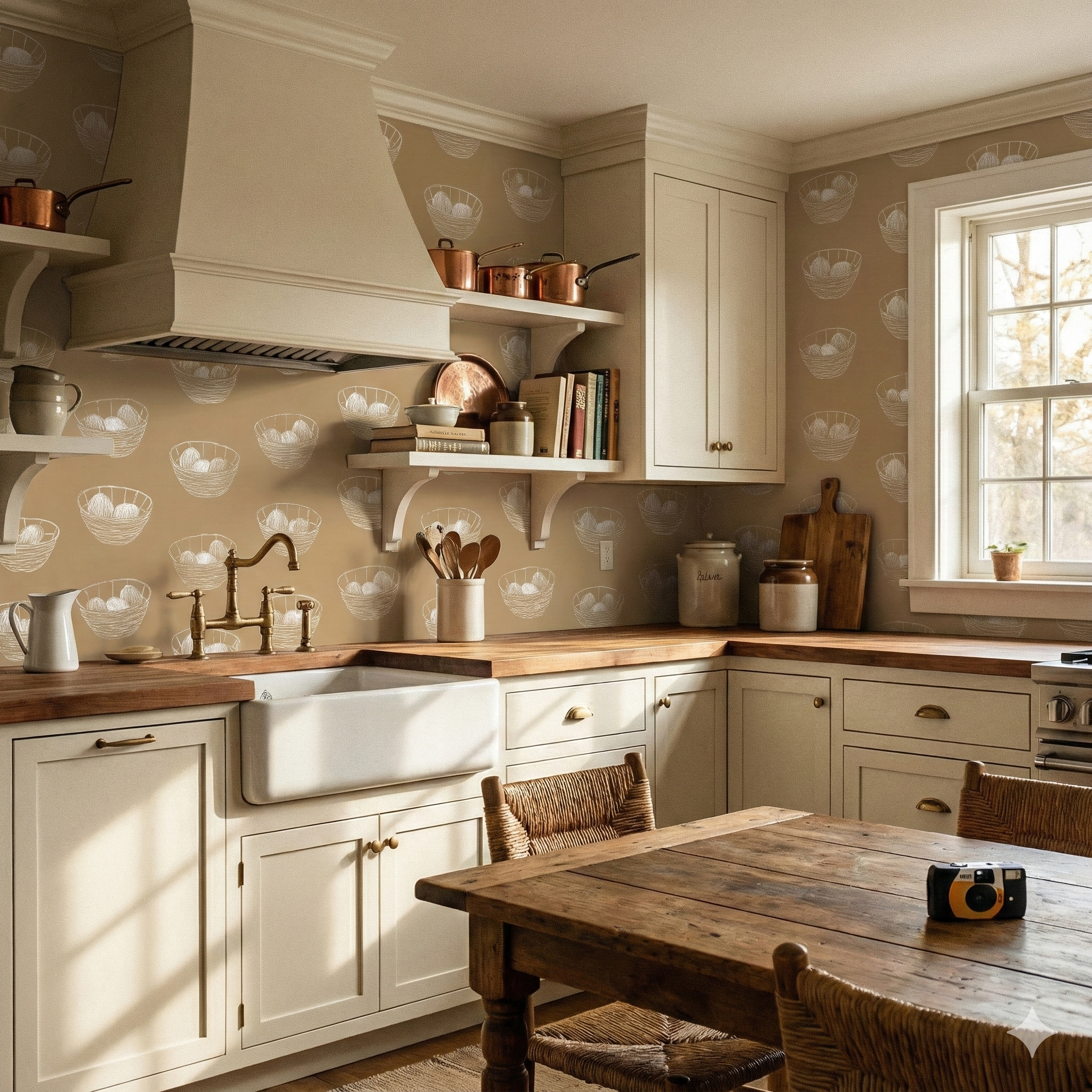 Basket of Orlaine wallpaper with an eggs-in-basket motif, shown in a kitchen setting.