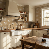 Basket of Orlaine wallpaper with an eggs-in-basket motif, shown in a kitchen setting.