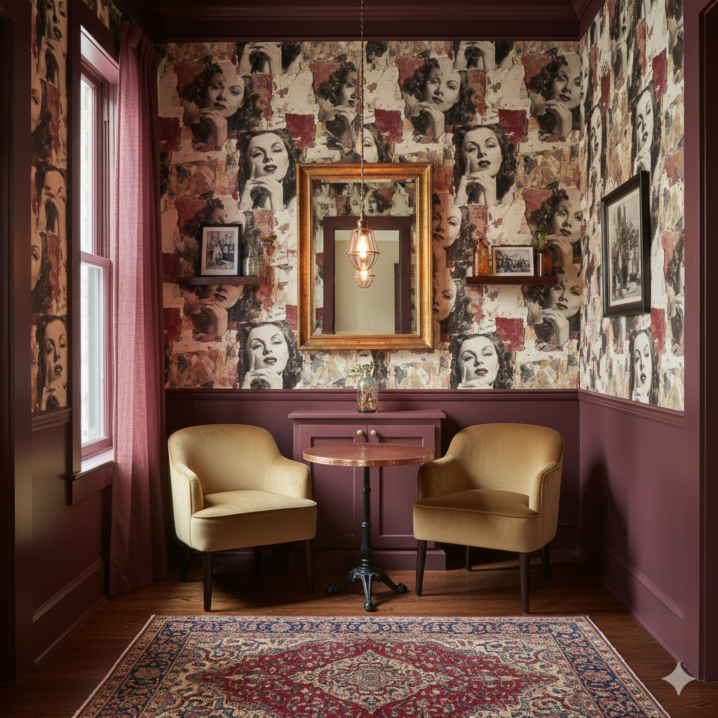 La Rue Écarlate wallpaper featuring vintage portraits, with a gold-toned mirror and muted gold chairs.
