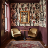 La Rue Écarlate wallpaper featuring vintage portraits, with a gold-toned mirror and muted gold chairs.
