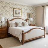 Patterned Paloma Circle wallpaper with bird and wreath designs, covering an entire bedroom wall.