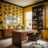 Eiderdown Parade Wallpaper with a puffin pattern, in a yellow toned room with natural wood furniture.

