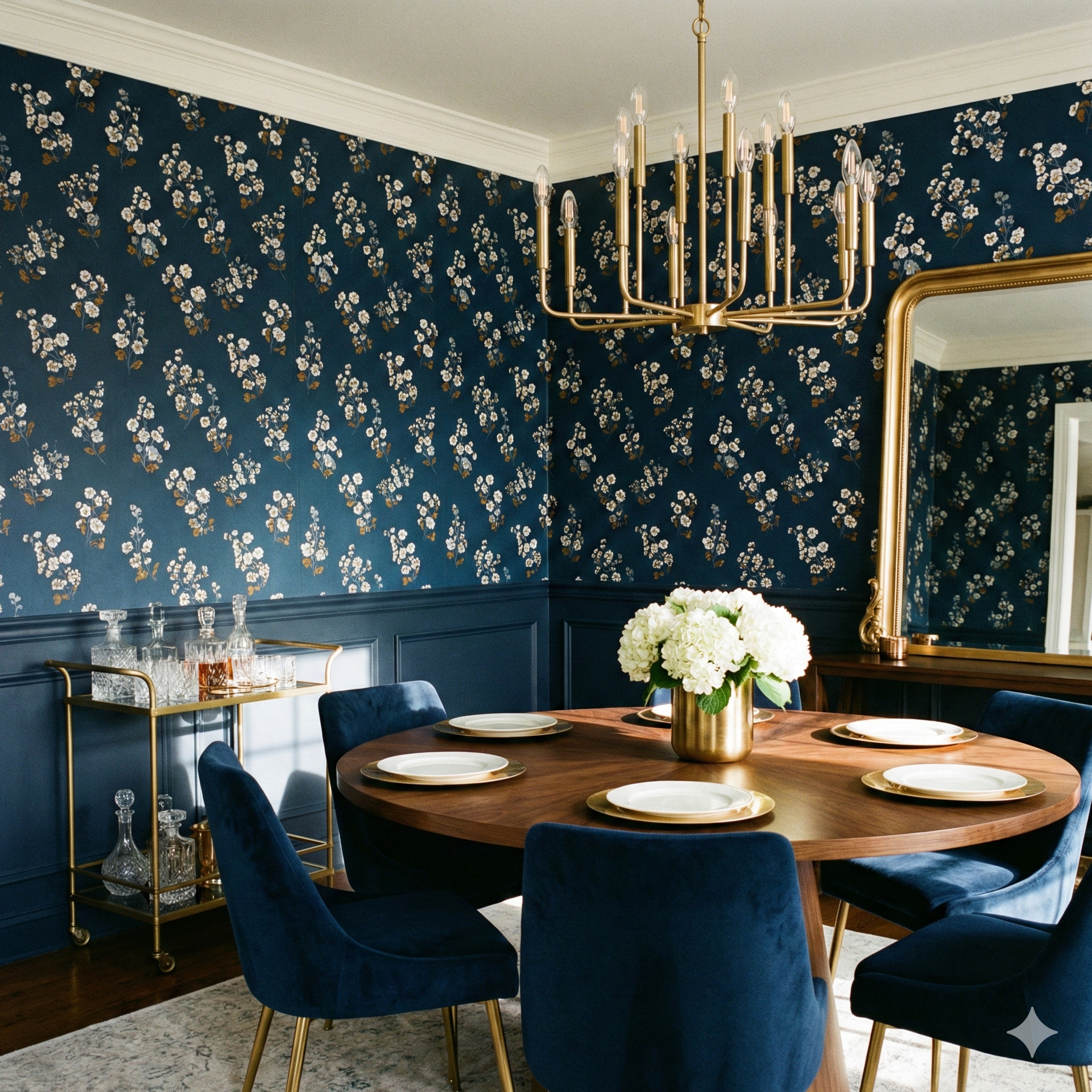 Floral Vera Grace Wallpaper with a navy background and scattered white and tan blossoms, creating a charming and elegant accent wall.
