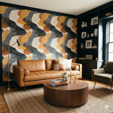 Abstract pattern wallpaper in ochre and grey tones, with curvilinear designs and gold accents.
