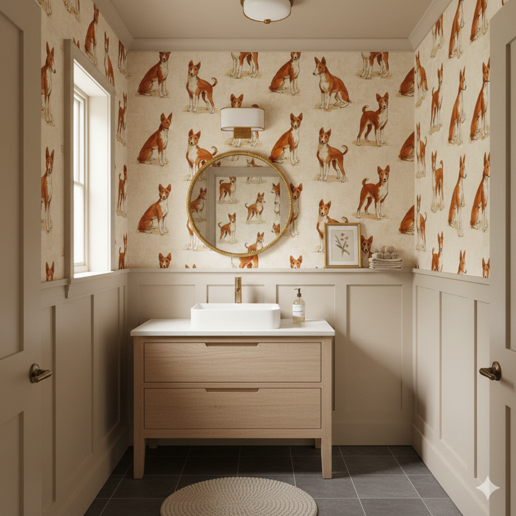 Clay & Laurel Wallpaper with repeating dog pattern on a light beige background.